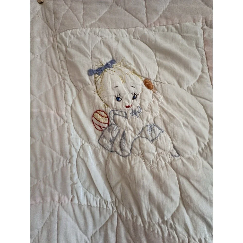 Vintage Handmade Baby Quilt – Embroidered Nursery Animals Pink 52 X 42